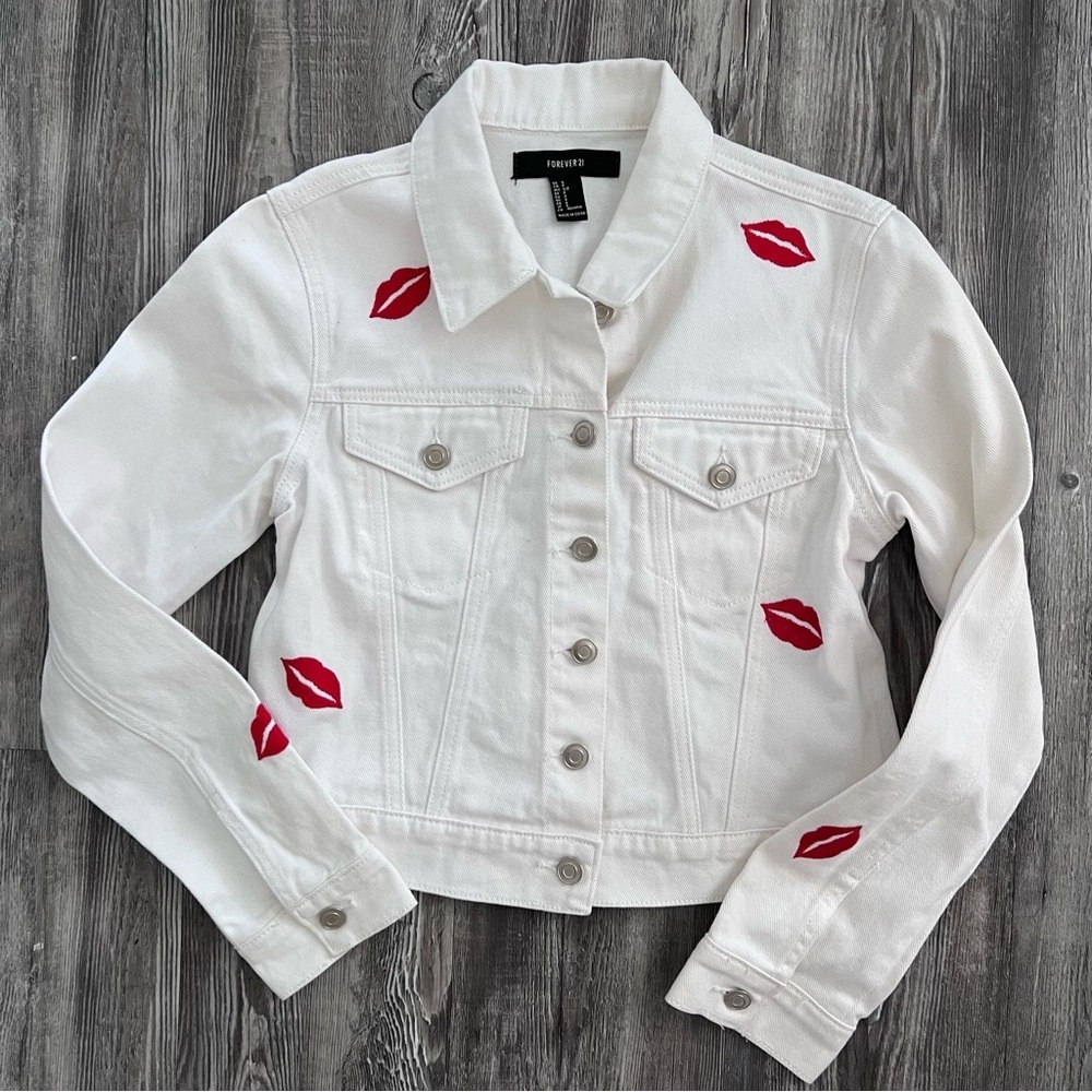 Forever 21 White Denim Jacket with Red Lips Embroidered